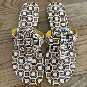 Tory Burch Pink Tan Geometric Patterned Miller Sandals